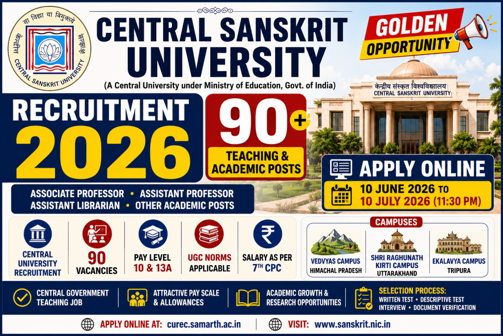 Central Sanskrit University Recruitment 2026 Incredible Opportunity – Apply for 90 Assistant & Associate Professor Posts 1 Central Sanskrit University Recruitment