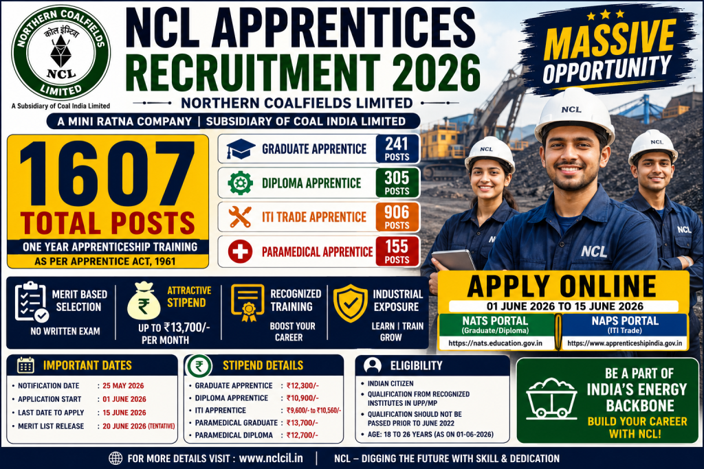 NCL Apprentices Recruitment 2026 Massive Opportunity – Apply Online for 1607 Graduate, Diploma, ITI & Paramedical Apprentice Posts 1 NCL Apprentices Recruitment 2026